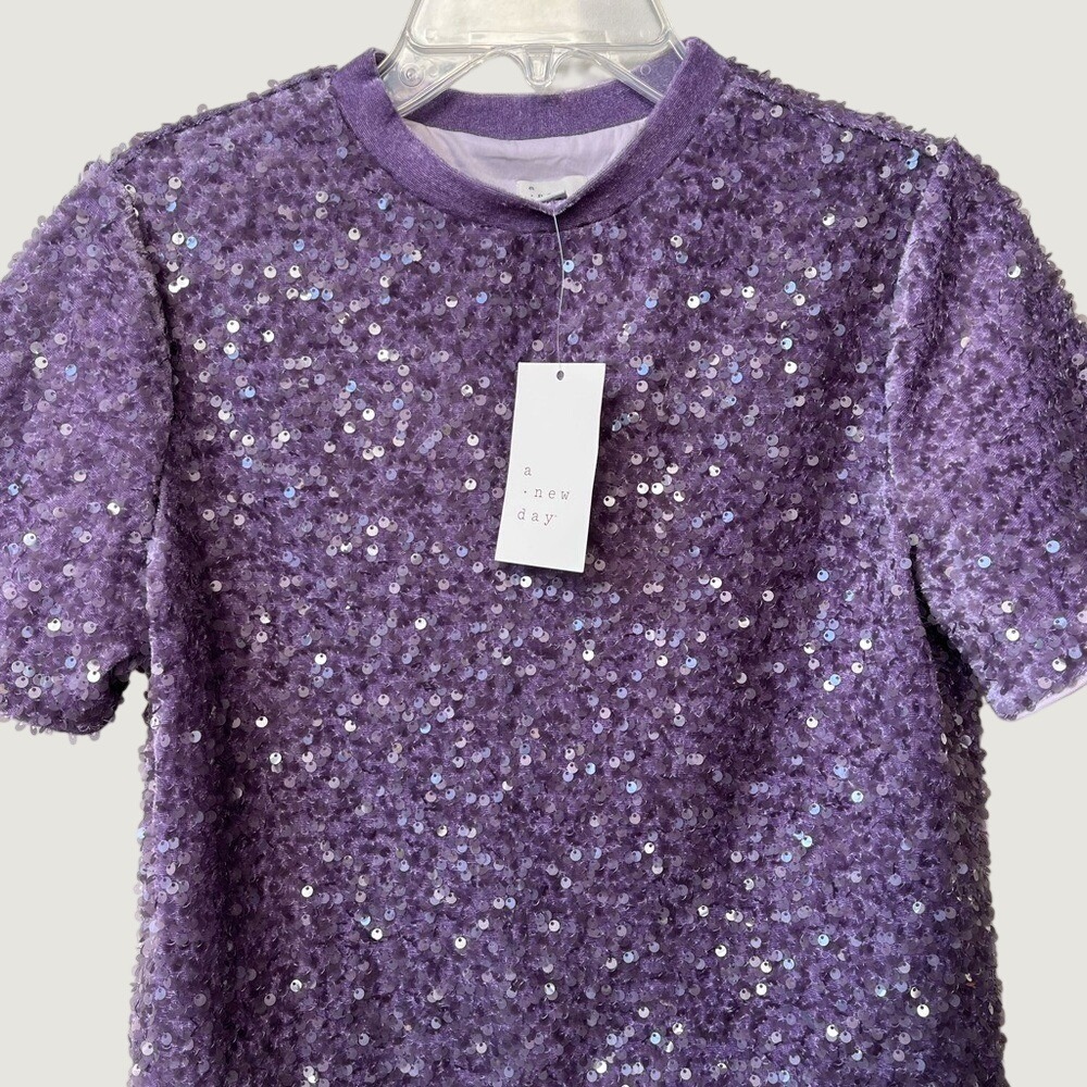 A New Day Purple Sequin Top Womens XS Short Sleeve Party Cocktail Holiday NWT - Picture 7 of 13